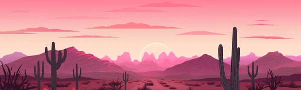 Mondbeschienene Wüste Mit Kakteen Silhouetten Vektor Einfache Isolierte Illustration — Stockvektor