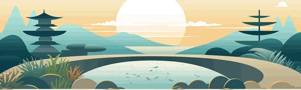 Rustige Zen Tuin Met Stenen Zand Vector Geïsoleerde Illustratie — Stockvector