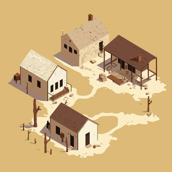 Abandoned Ghost Town Isometric Vector Flat Isolated Illustration — Stock Vector