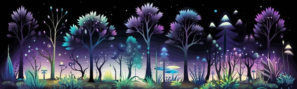 Floresta Mística Com Plantas Bioluminescentes Ilustração Vetorial Isolada — Vetor de Stock