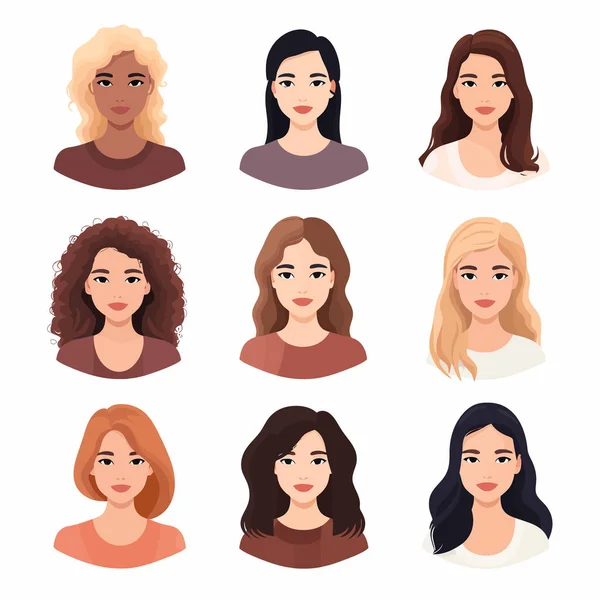 Portrait Femmes Avec Différents Cheveux Ensemble Vectoriel Illustration Isolée — Image vectorielle