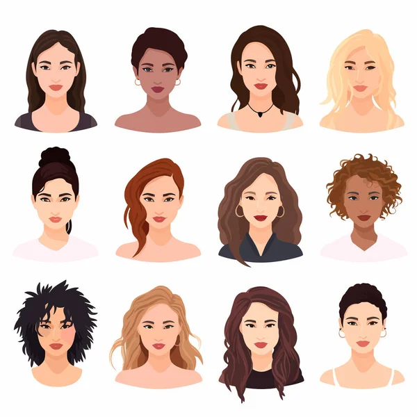 Portrait Femmes Avec Différents Cheveux Ensemble Vectoriel Illustration Isolée — Image vectorielle
