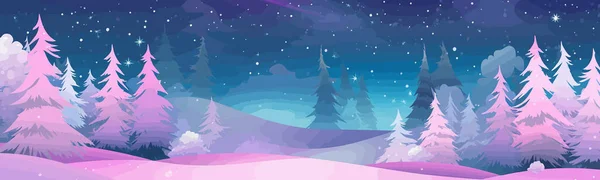 Snöigt Landskap Med Aurora Borealis Vektor Enkel Isolerad Illustration — Stock vektor