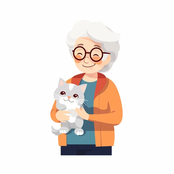 Stará Žena Kočičí Vektor Ploché Minimalistické Izolované Ilustrace — Stockový vektor