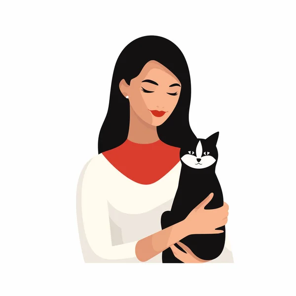 Wanita Dengan Vektor Kucing Datar Minimalistik Ilustrasi Terisolasi - Stok Vektor