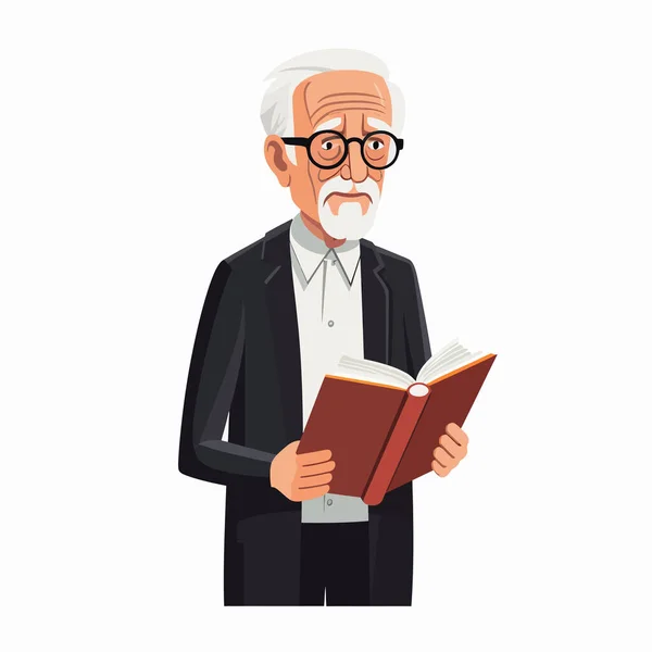 Homem Velho Com Livro Vetor Plana Minimalista Ilustração Isolada — Vetor de Stock