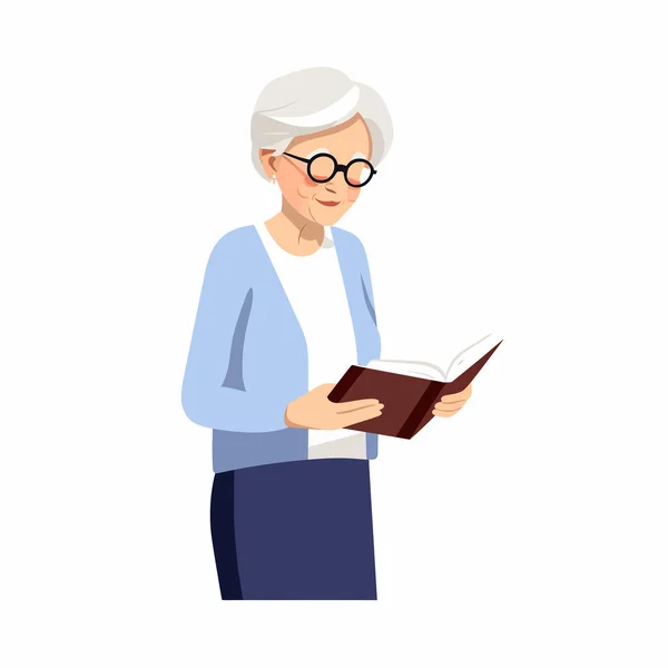 Starsza Kobieta Wektorem Książki Płaski Minimalistyczny Izolowane Ilustracji — Wektor stockowy