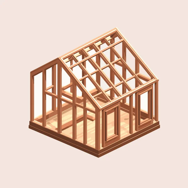 木材房屋框架等距矢量平面隔离插图 — 图库矢量图片