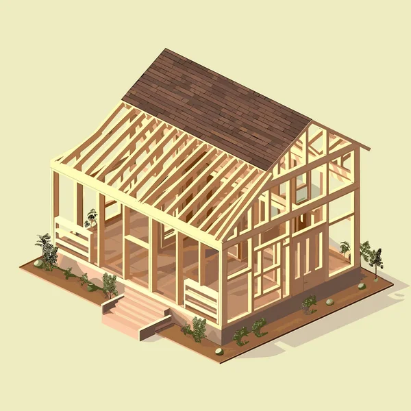 Dřevěný Dům Rám Izometrický Vektor Ploché Izolované Ilustrace — Stockový vektor