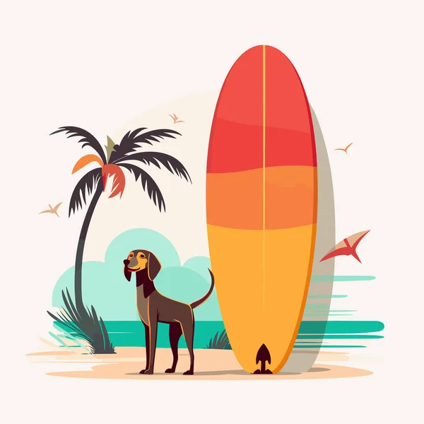 Perro Pie Con Vector Tabla Surf Plana Ilustración Aislada — Vector de stock