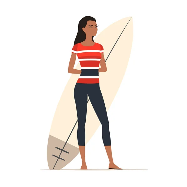 Žena Stojící Surfařským Vektorem Ploché Izolované Ilustrace — Stockový vektor