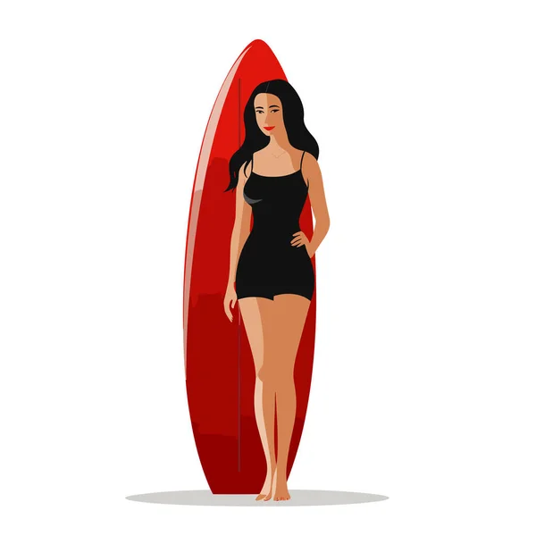 Žena Stojící Surfařským Vektorem Ploché Izolované Ilustrace — Stockový vektor