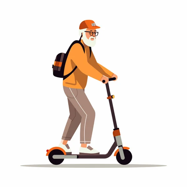 Eスクーターベクトル平らな隔離されたイラストに乗って立っている老人 — ストックベクタ
