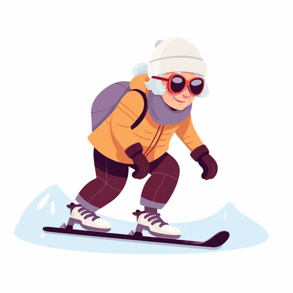 Stará Žena Snowboarding Vektor Ploché Izolované Ilustrace — Stockový vektor
