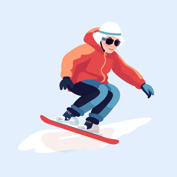 Old Woman Snowboarding Vector Flat Isolated Illustration — Stock Vector