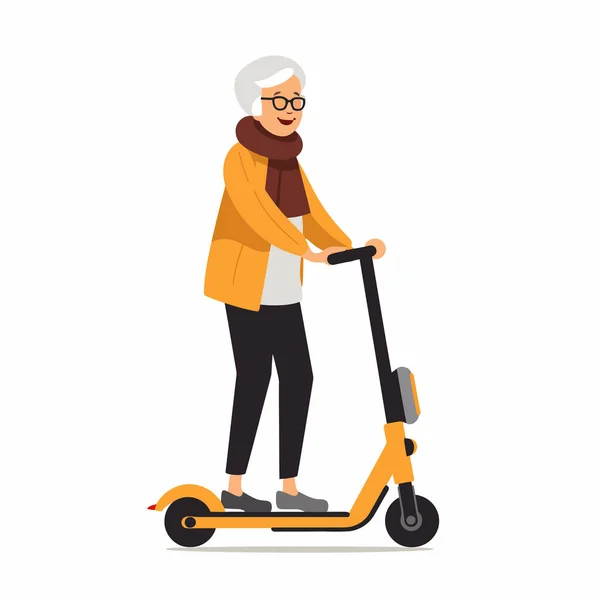Ηλικιωμένη Γυναίκα Στέκεται Ιππασία Scooter Διάνυσμα Επίπεδη Απομονωμένη Εικόνα — Διανυσματικό Αρχείο