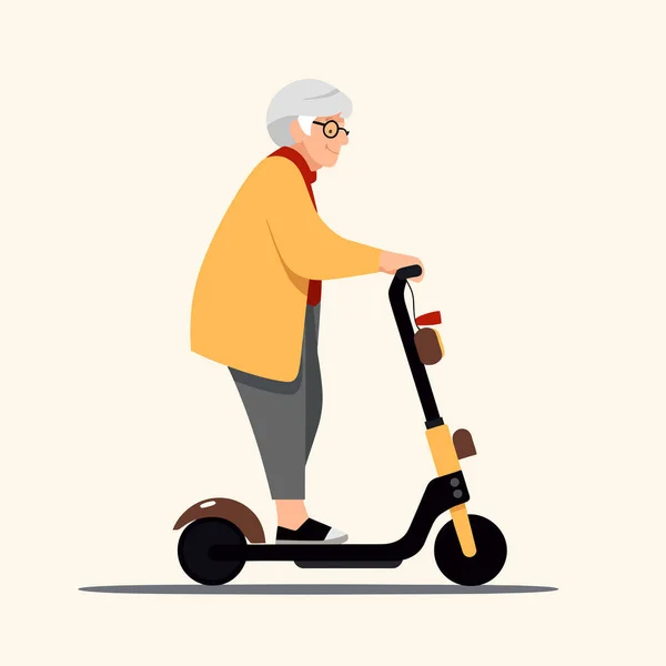 Vieja Mujer Pie Montar Scooter Vector Plano Aislado Ilustración — Vector de stock