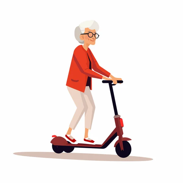 Old Woman Standing Riding Scooter Vector Flat Isolated Illustration — Stock Vector