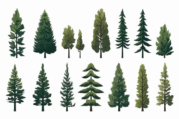 Çam Ağaçları Vektör Düz Minimalist Izole Resimleme Ayarladı — Stok Vektör