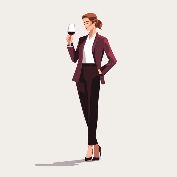 Mulher Terno Negócios Beber Vinho Vetor Isolado Ilustração — Vetor de Stock