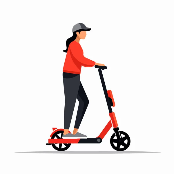 Eスクーターベクトル平らな隔離されたイラストに乗って立っている女性 — ストックベクタ