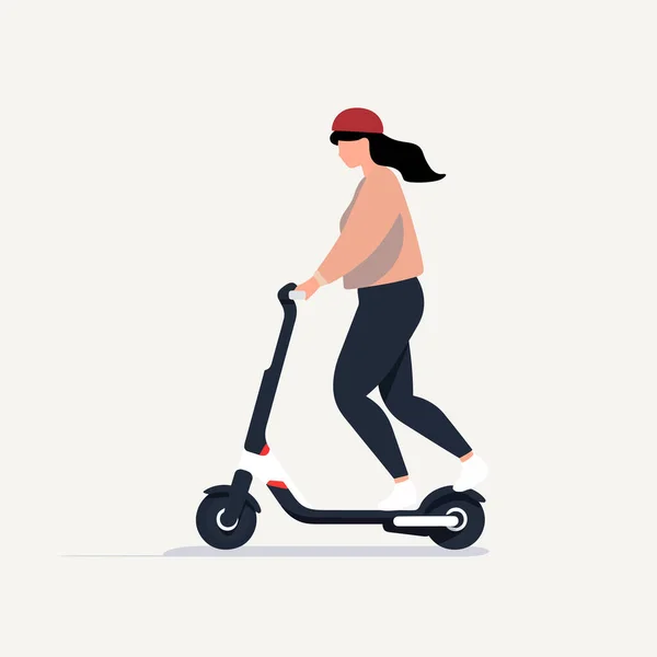 Eスクーターベクトル平らな隔離されたイラストに乗って立っている女性 — ストックベクタ