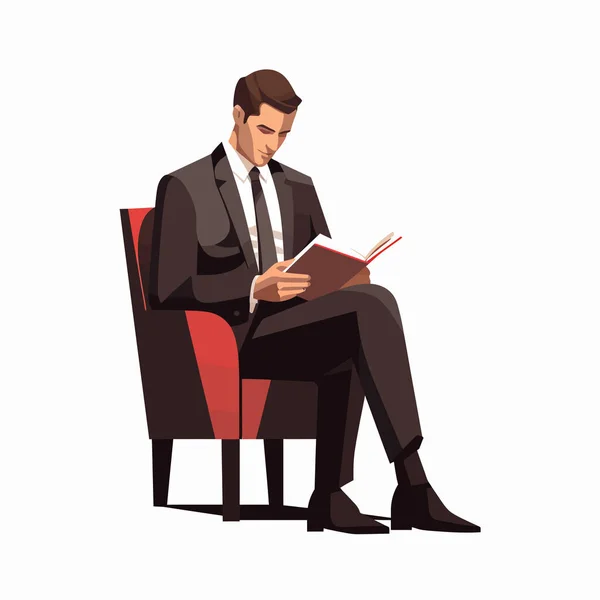 ビジネスススーツの男 読書本 ベクトル平らな隔離されたイラスト — ストックベクタ