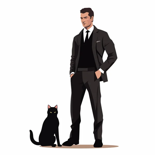 Mann Business Anzug Mit Katzenvektor Flach Isoliert Abbildung — Stockvektor