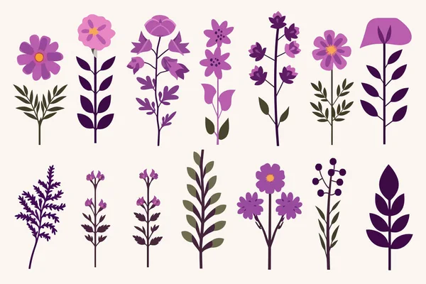 Фиолетовые Цветы Устанавливают Векторную Плоскую Минималистическую Изолированную Иллюстрацию — стоковый вектор