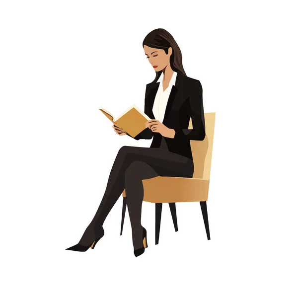 Mulher Terno Negócios Leitura Livro Vetor Plana Ilustração Isolada — Vetor de Stock