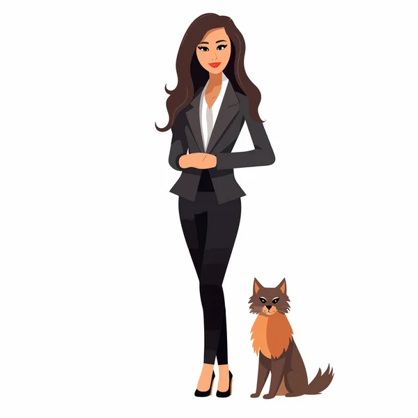 Wanita Dalam Pakaian Bisnis Dengan Vektor Kucing Datar Terisolasi Ilustrasi - Stok Vektor