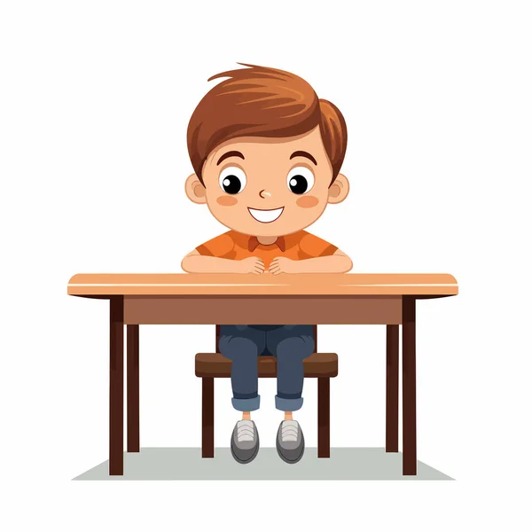 Okul Masasının Arkasında Oturan Çocuk Vektör Düz Çizim — Stok Vektör
