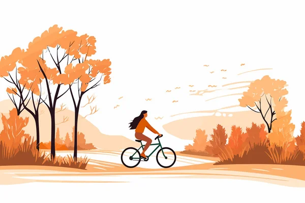 Kadın Sonbaharda Bisiklet Sürüyor Kırsal Arazi Vektörü Izole Bir Illüstrasyon — Stok Vektör