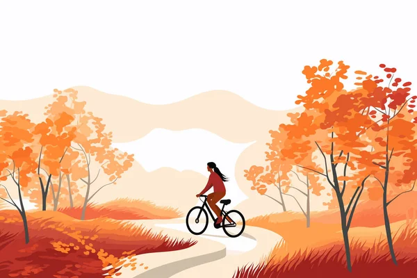 Frau Fahrrad Fahren Bei Herbst Ländlichen Landschaft Vektor Isoliert Illustration — Stockvektor