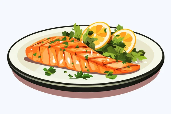 Grilled Salmon Steak Plate Vector Flat Isolated Illustration — Stock Vector