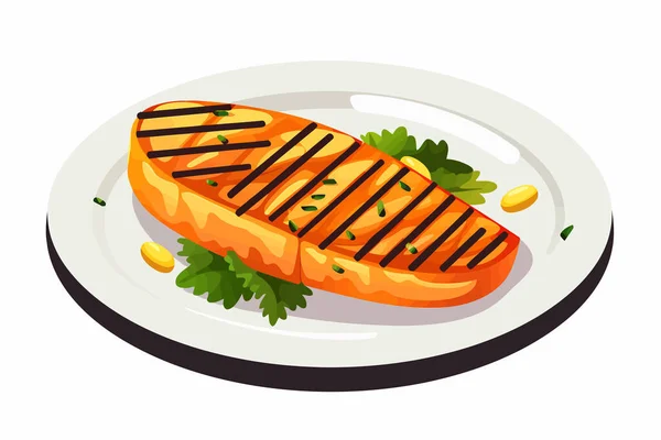 Steak Salmon Panggang Pada Vektor Piring Datar Terisolasi Ilustrasi - Stok Vektor