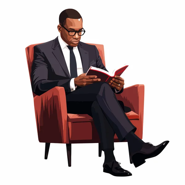 身着西装的黑人男子阅读矢量平面孤立的插图 — 图库矢量图片