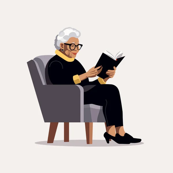 Чорна Стара Жінка Читає Векторна Плоска Ізольована Ілюстрація — стоковий вектор