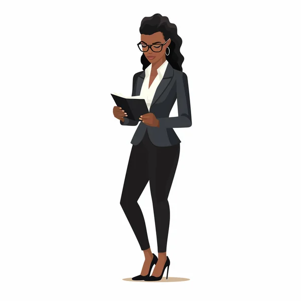 Negro Mujer Traje Negocios Lectura Vector Aislado Ilustración — Vector de stock