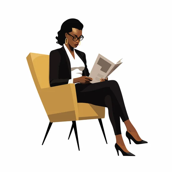 Negro Mujer Traje Negocios Lectura Vector Aislado Ilustración — Vector de stock