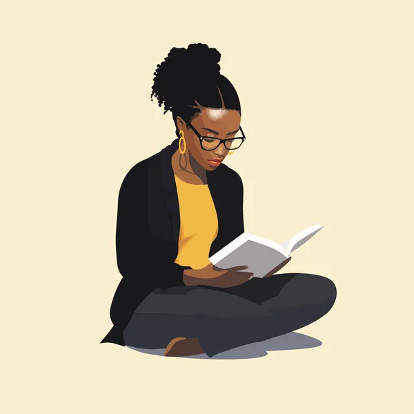 Черная Женщина Читающая Векторную Плоскую Минималистичную Иллюстрацию — стоковый вектор