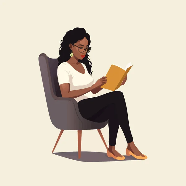黑人妇女阅读矢量平面简约孤立的例证 — 图库矢量图片