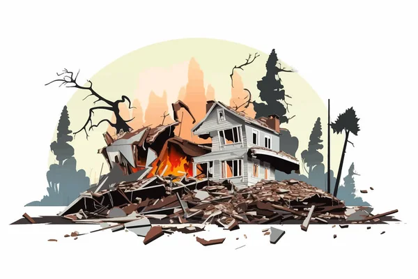 Distrutto Casa Demolita Costruzione Vettore Piatto Isolato Illustrazione — Vettoriale Stock