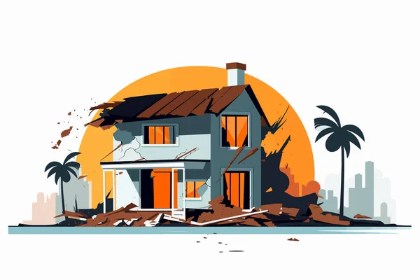 Menghancurkan Rumah Hancur Vektor Bangunan Datar Terisolasi Ilustrasi - Stok Vektor