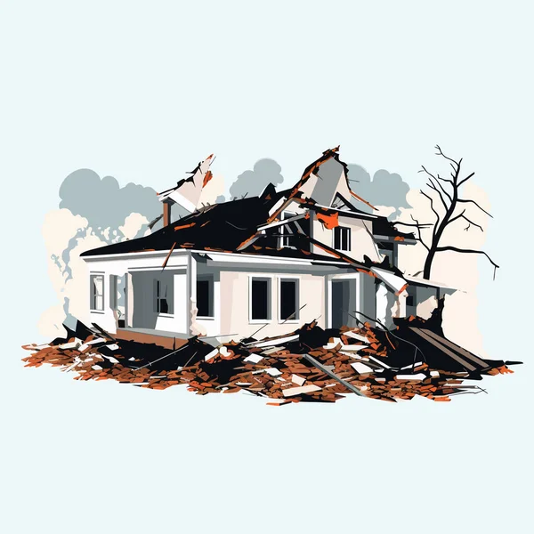 Разрушенные Дома Разрушенные Векторные Здания Плоские Изолированные Иллюстрации — стоковый вектор