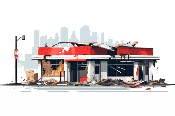 Zniszczony Sklep Zburzony Budynek Wektor Płaski Izolowane Ilustracji — Wektor stockowy