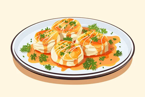 Pétoncles Poêlés Avec Sauce Pétales Sur Assiette Illustration Isolée — Image vectorielle