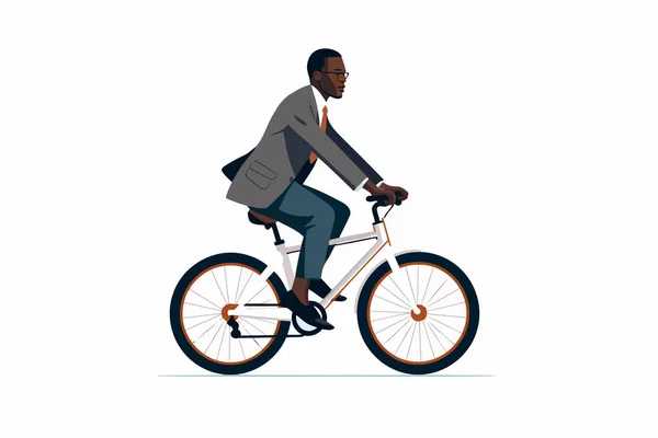 バイサイクルベクトル単離イラストに乗るビジネスススーツの黒人男性 — ストックベクタ