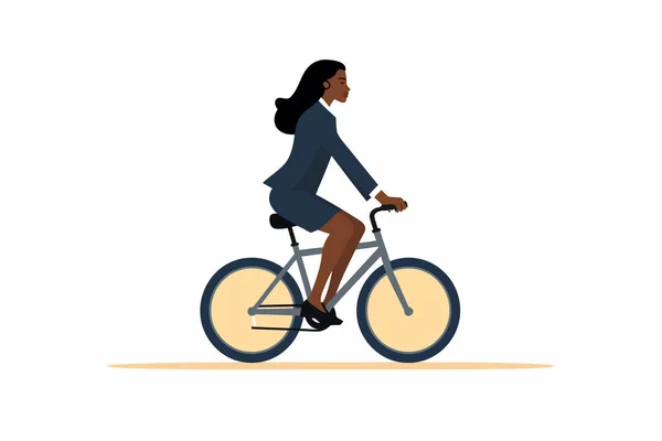 バイサイクルベクトル単離イラストに乗るビジネスススーツの黒人女性 — ストックベクタ