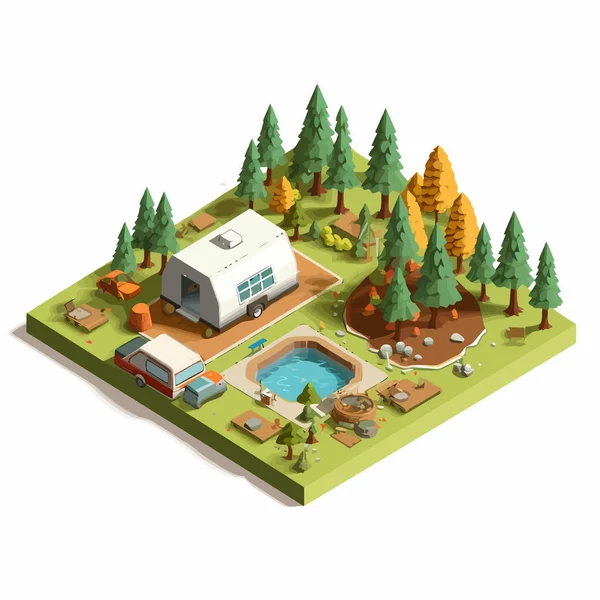 Camping Isometric Vector Flat Minimalistik Ilustrasi Terisolasi - Stok Vektor